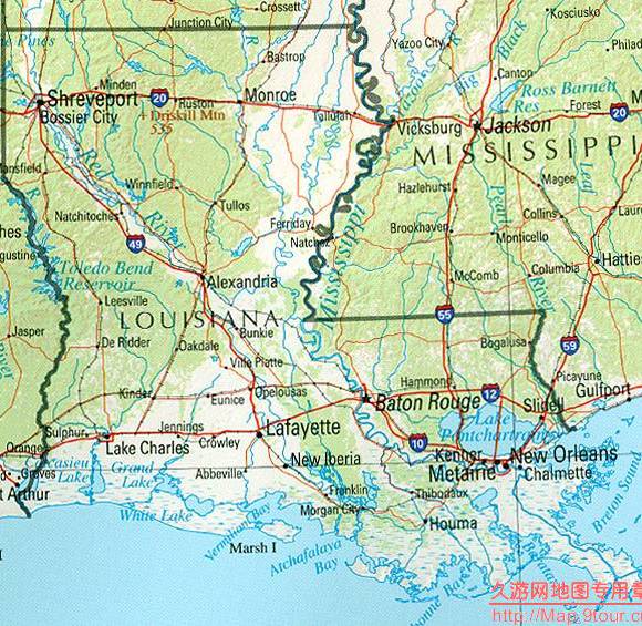 美国Louisiana州地形交通图